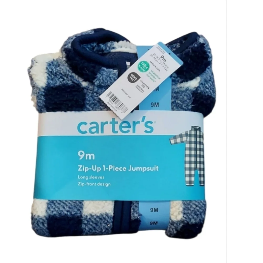 NWT Carter's Fleece Navy Plaid Zip-Up 1 Piece Bodysuit ~9M